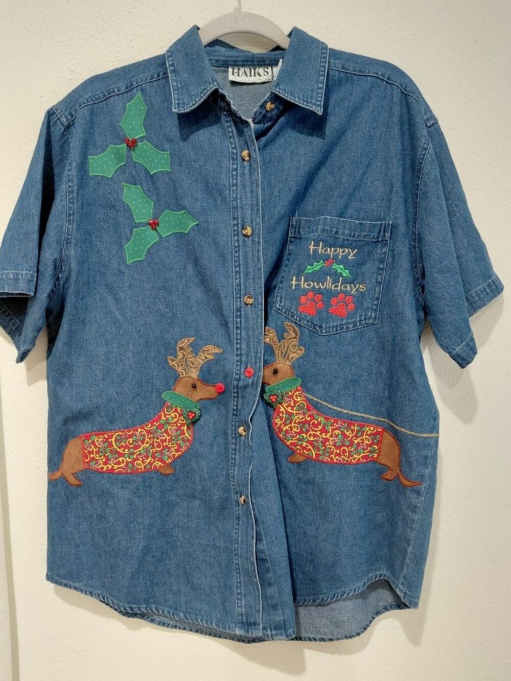 Vintage Christmas Holiday Denim Embroidered Blouse Medium Cotton Dachshund Dog
